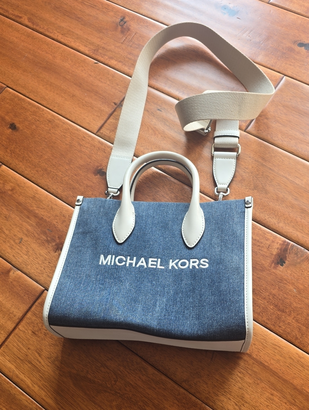 Michael Kors Denim and White Leather Satchel